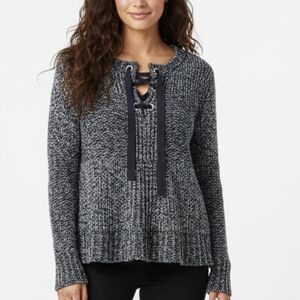 White + Warren Black and Gray Lace-Up Sweater